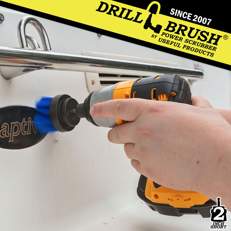 Drillbrush 2 inch Short Medium Blue Marine & Pool Brush cleaning the stern of a boat.