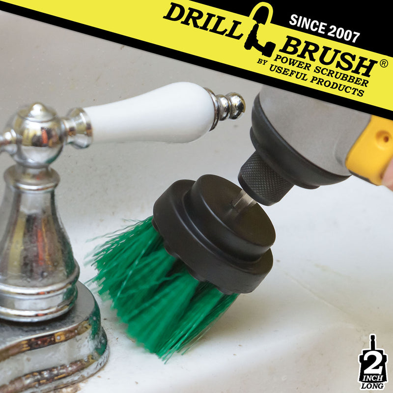 Drillbrush 2 inch Long Medium Green Kitchen Brush cleaning around a sink.