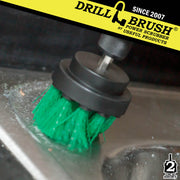 Drillbrush 2 inch Short Medium Green Kitchen Brush cleaning around a sink.