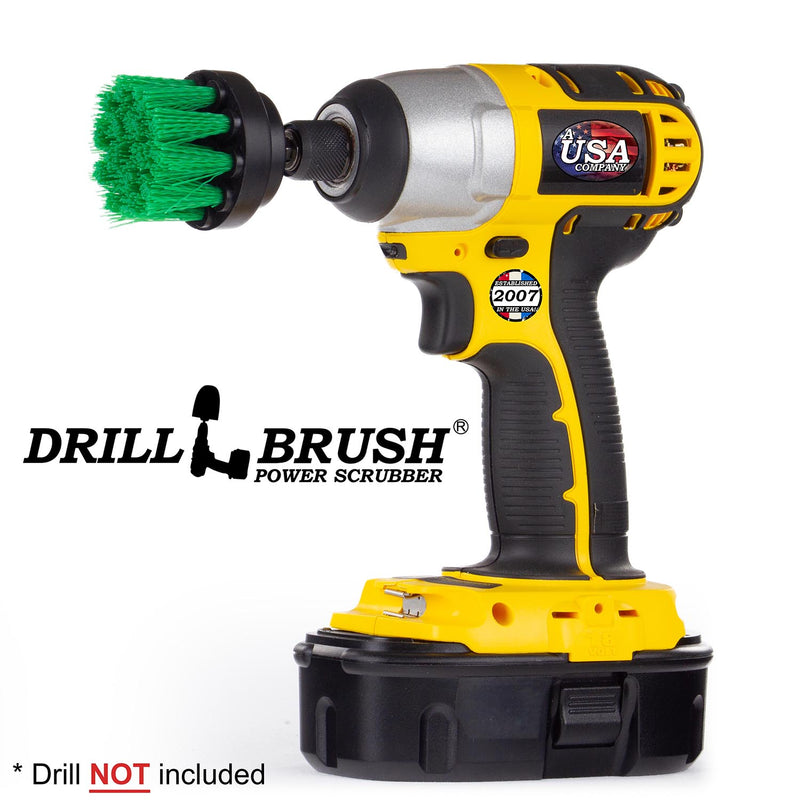 Drillbrush 2 inch LongMedium Green Kitchen Brush in a cordless drill.