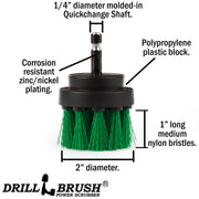 Specs for the Drillbrush 2 inch Short Medium Green Kitchen Brush.