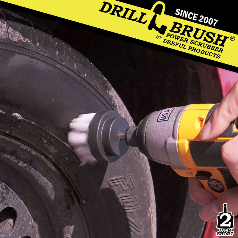 Drillbrush 2 inch Short Soft White Home & Auto Brush cleaning a tire.