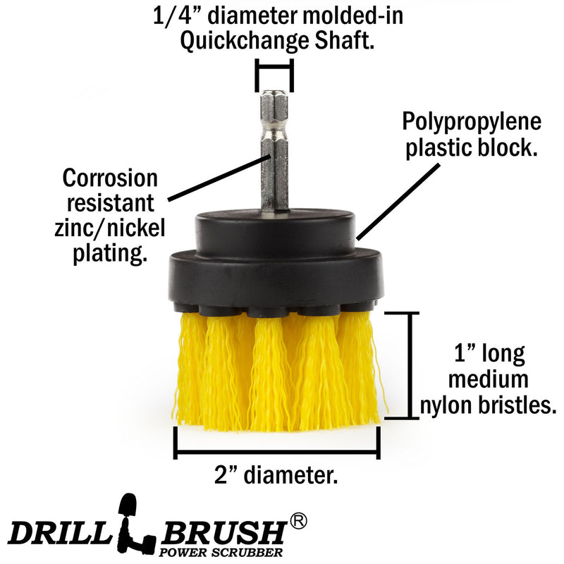 Specs for the Drillbrush 2 inch Short Medium Yellow Bathroom Brush.
