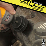 Drillbrush 2 inch Short Ultra Stiff Black Grill & Industrial Brush cleaning an engine block.