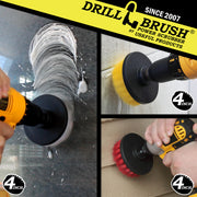 Action shots of a Soft White 4 inch brush cleaning a window, a Medium Yellow 4 inch brush cleaning tile grout, , and a Stiff Red 4 inch Drillbrush cleaning vinyl siding.
