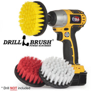 Drillbrush Soft White, Medium Yellow, and Stiff Red 4 inch 3-piece Variety Brush Kit with a Yellow 4 inch brush in a cordless drill.