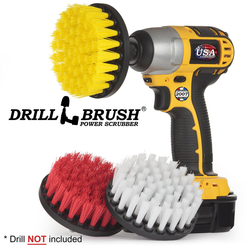Drillbrush Soft White, Medium Yellow, and Stiff Red 4 inch 3-piece Variety Brush Kit with a Yellow 4 inch brush in a cordless drill.
