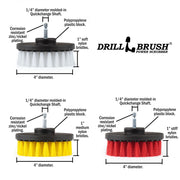 Specs for the Drillbrush Soft White, Medium Yellow, and Stiff Red 4 inch 3-piece Variety Brush Kit.