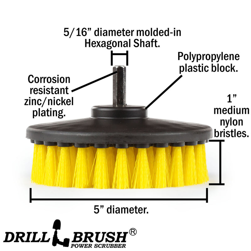 Spec image for the Drillbrush 5 inch Hex Medium Yellow Bathroom Brush.
