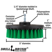 Specs for the Drillbrush 5 inch Medium Green Kitchen Brush.