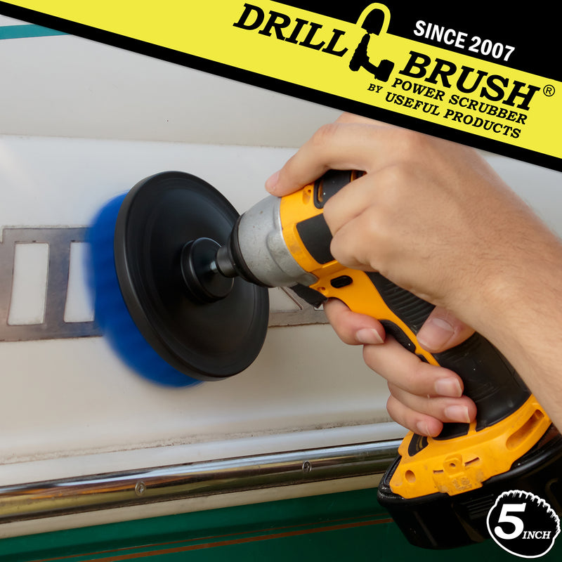 Drillbrush 5 inch Medium Blue Marine & Pool Brush cleaning the hull of a boat.
