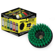 Drillbrush 5 inch Medium Green Threaded brush in front of its packaging.