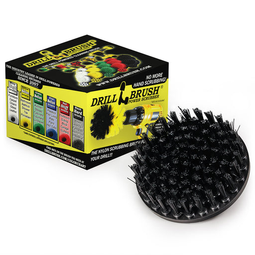 Drillbrush 5 inch Ultra Stiff Black brush in front of its packaging.