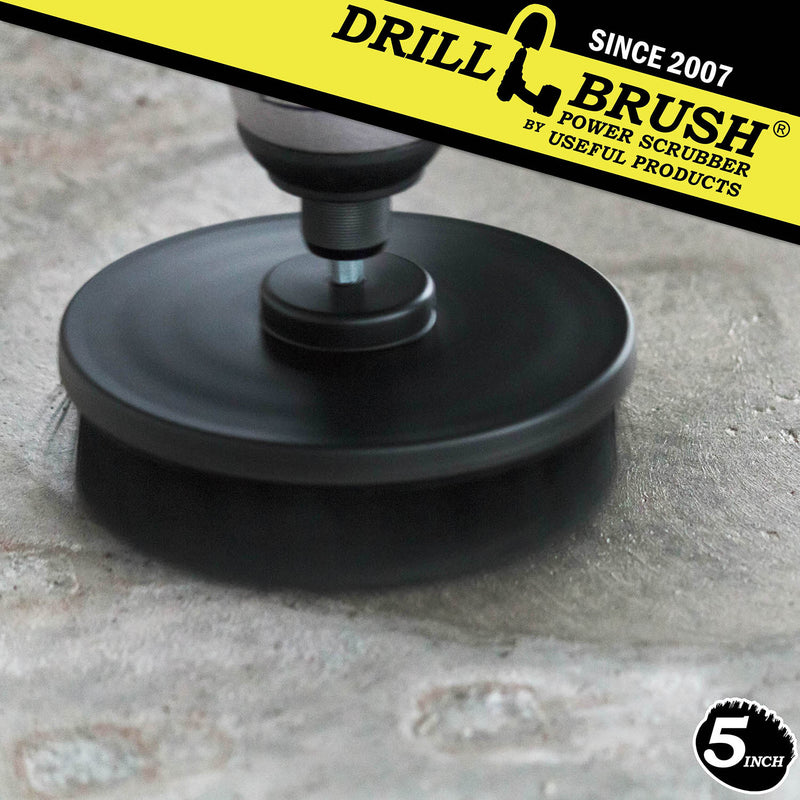Drillbrush Ultra Stiff Black 5 inch brush cleaning salt stains off of a concrete floor.