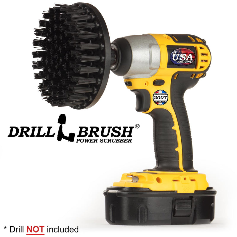 Drillbrush 5 inch Ultra Stiff Black brush in a cordless drill.