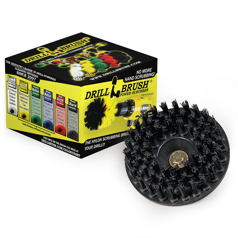 Drillbrush 5 inch Ultra Stiff Black Threaded brush in front of its packaging.