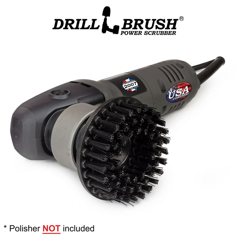Drillbrush 5 inch Ultra Stiff Black Threaded brush in a polisher.