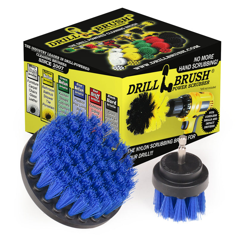 Drillbrush Medium Blue 4 inch and 2 inch Short brushes in front of their packaging.