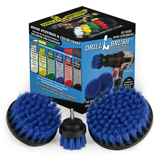 The Drillbrush 542 Medium Blue Marine & Pool Brush Kit in front of the box it comes in.