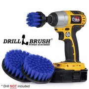 The Drillbrush 542 Medium Blue Marine Brush Kit with 2 inch brush placed in a cordless drill.
