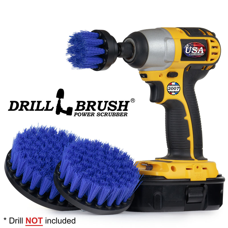 The Drillbrush 542 Medium Blue Marine Brush Kit with 2 inch brush placed in a cordless drill.