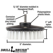 Spec sheet for the Drillbrush 5 inch Hex Soft White Home & Auto Brush.