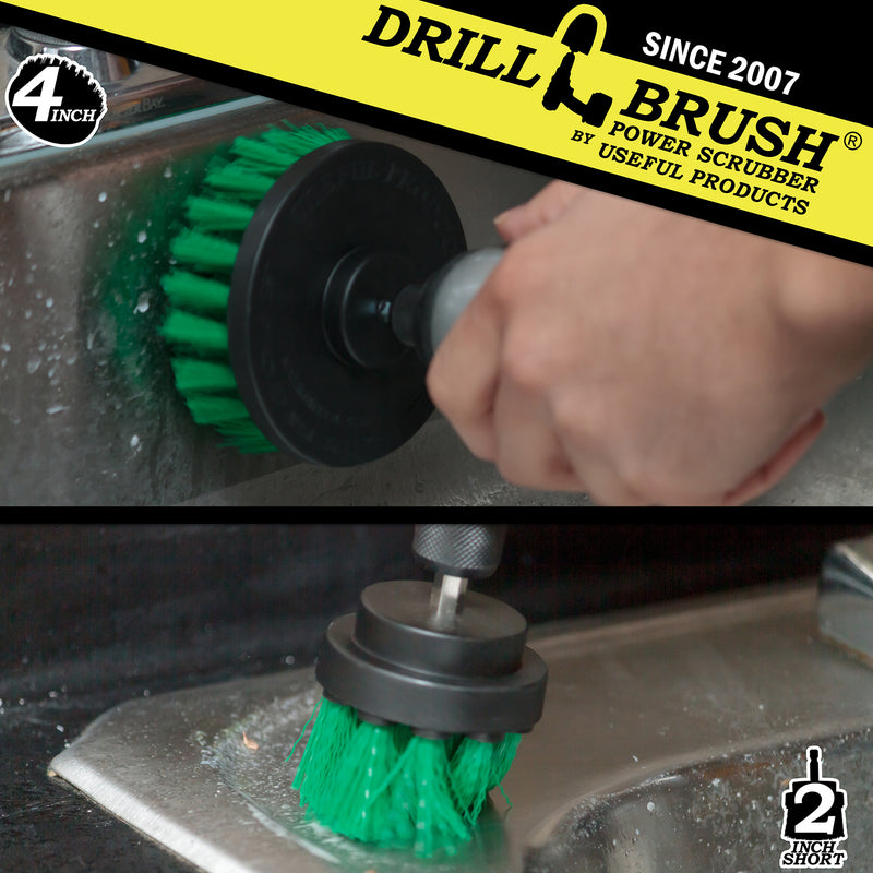 Action shots of a Medium Green 2 inch Short Drillbrush cleaning around a sink and a Medium Green 4 inch Drillbrush cleaning a stovetop.
