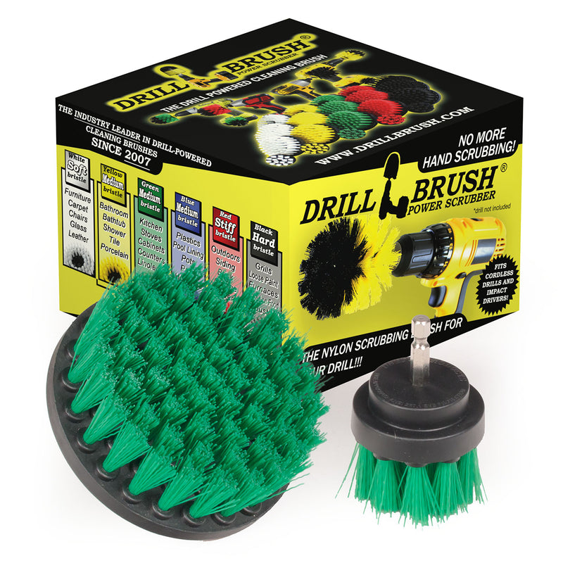 Drillbrush Medium Green 4 inch and 2 inch Short brushes in front of their packaging.