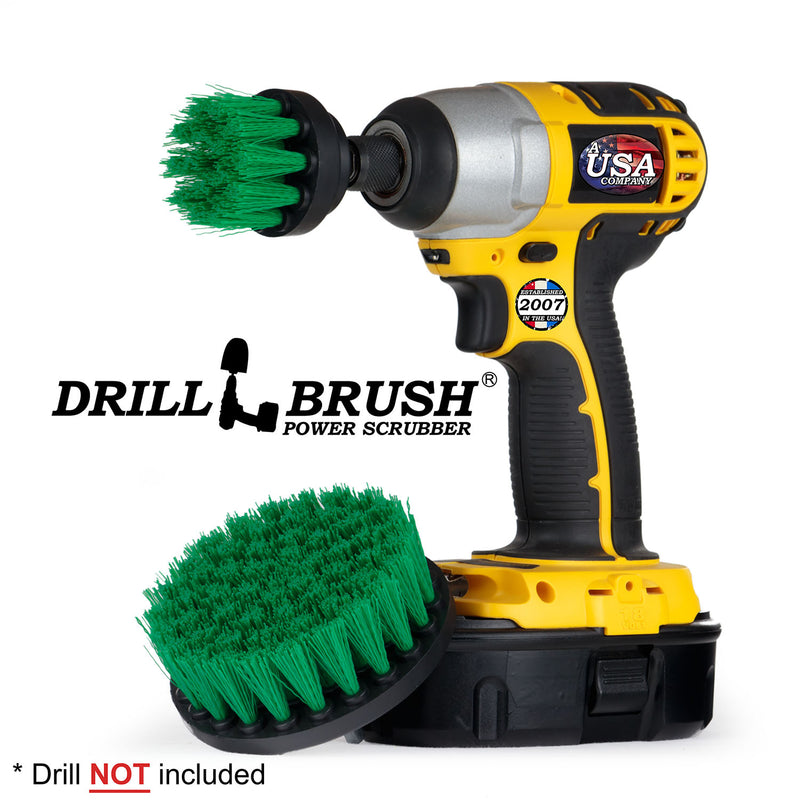 Drillbrush 42 Medium Green Kitchen Brush Kit with a 2 inch Short brush in a cordless drill.