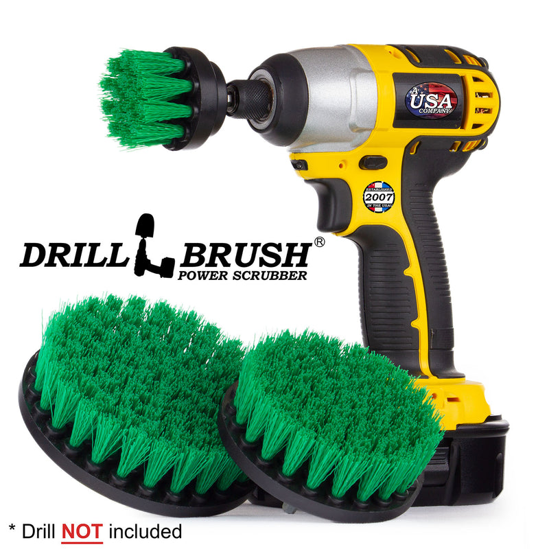The Drillbrush 542 Medium Green Kitchen Brush Kit with 2 inch brush placed in a cordless drill.
