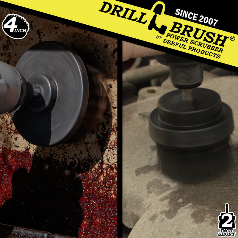 Action shots of an Ultra Stiff Black 2 inch Short Drillbrush cleaning an engine block and an Ultra Stiff Black 4 inch Drillbrush cleaning a grill hood.