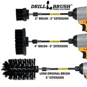 Images of the Drillbrush 2 inch Short, 4 inch, and Original Jumbo Ultra Stiff Black Grill & Industrial Brushes in 5 inch extensions in cordless drills.