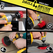 Action shots of a Stiff Red Original brush cleaning deck steps, a Stiff Red 2 inch Short Drillbrush cleaning an outdoor railing, a Stiff Red 4 inch Drillbrush cleaning vinyl siding, and a Stiff Red 5 inch cleaning a deck.