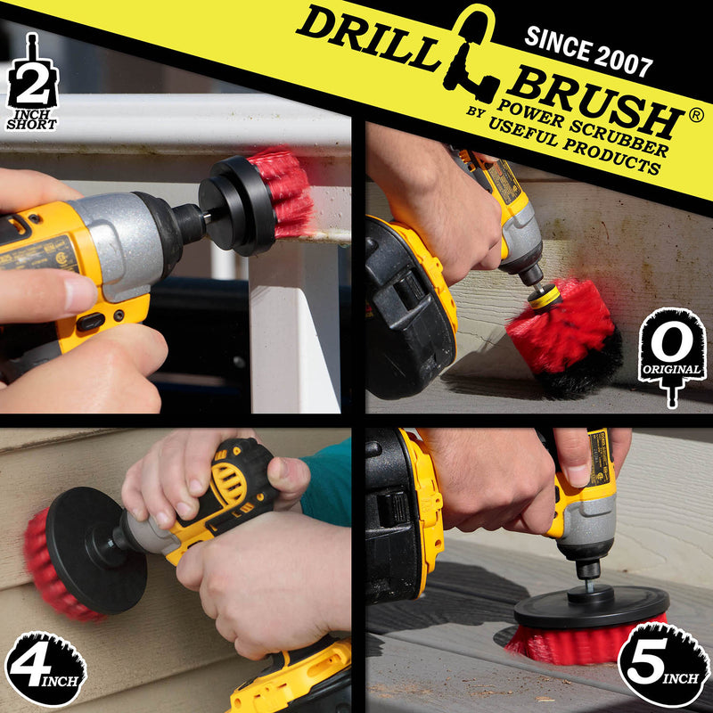 Action shots of a Stiff Red Original brush cleaning deck steps, a Stiff Red 2 inch Short Drillbrush cleaning an outdoor railing, a Stiff Red 4 inch Drillbrush cleaning vinyl siding, and a Stiff Red 5 inch cleaning a deck.