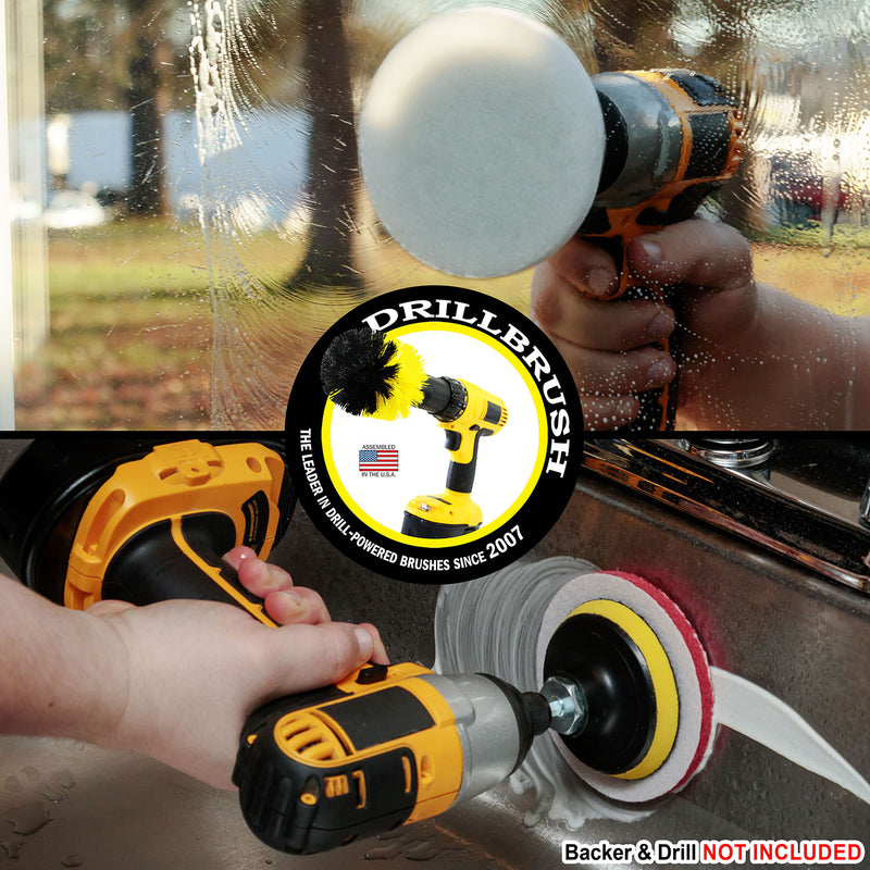 A soft white scrub pad attached to a drill scrubbing a window. A stiff red pad on a drill scrubbing a sink wall.