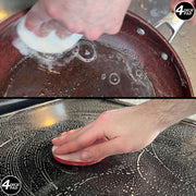 A Soft White pad being used to clean a sauce pan with Useful All-purpose Cleaning Paste. A Stiff Red scrubbing pad cleaning a stovetop with Useful All-Purpose Cleaning Paste.