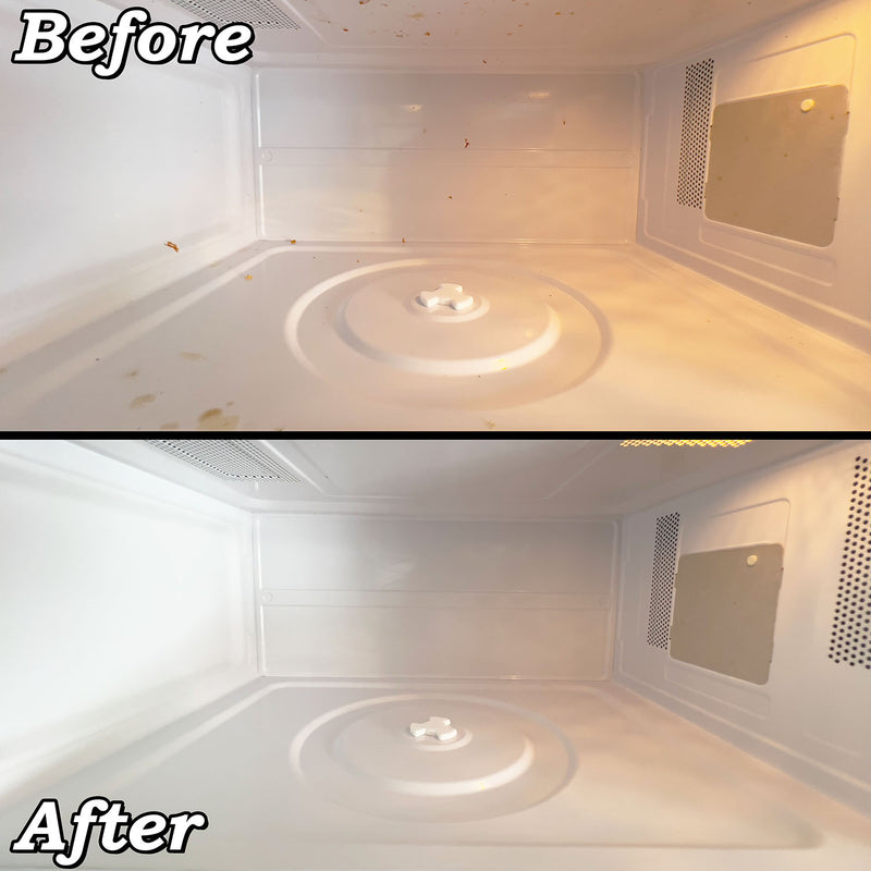 Before and After images of a microwave after using Useful All-purpose Cleaning Paste.