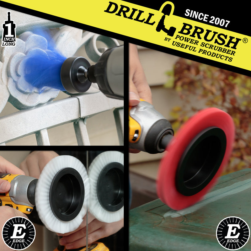 A Medium Blue 1 inch Long cleaning an vinyl bench, a Soft White Edge brush cleaning a mirror, and a Stiff Red Edge brush scrubbing a deck table.