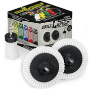 2 Drillbrush Soft White Home and Auto Edge brushes and a Soft White 1 inch Long brush in front of their packaging.