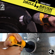 Action shots of a Soft White 2 inch Short Drillbrush cleaning a tire and a Soft White 4 inch Drillbrush cleaning a window.