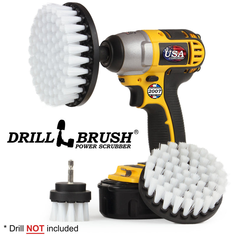 The Drillbrush 542 Soft White Home and Auto Brush Kit with 5 inch brush placed in a cordless drill.