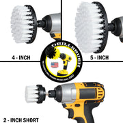 Images of the Drillbrush 2 inch Short, 4 inch, and 5 inch Soft White Home & Auto Brushes in cordless drills.