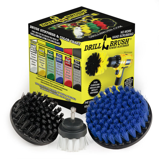 The Drillbrush 542 Variety Brush Kit with Soft White 2 inch Short, Ultra Stiff Black 4 inch, and Medium Blue 5 inch brushes in front of the box it comes in.
