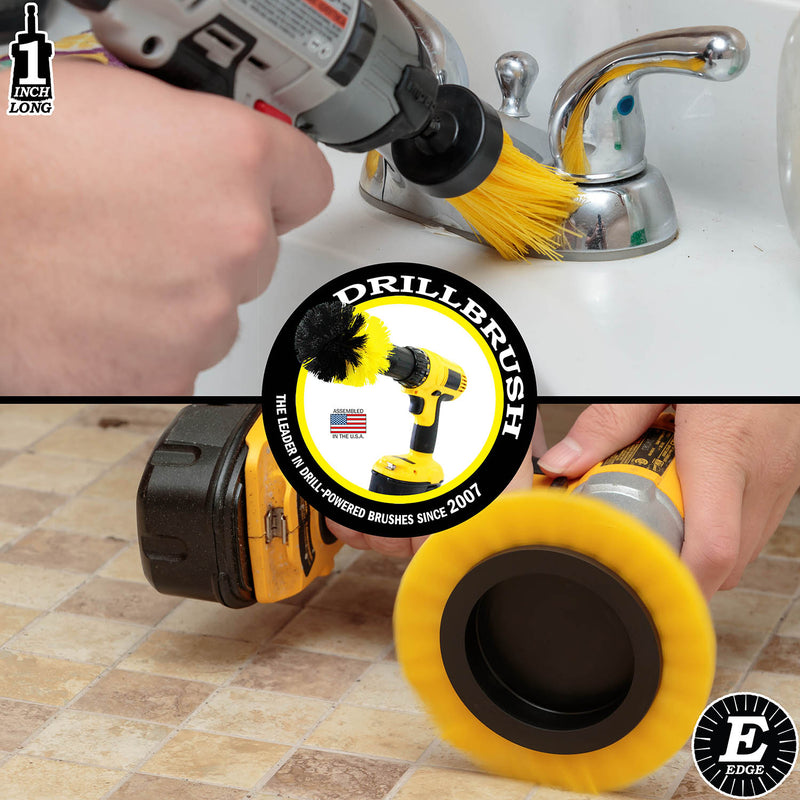 A Medium Yellow 1 inch Long cleaning a faucet fixture and a Medium Yellow Edge brush cleaning bathroom tile grout.