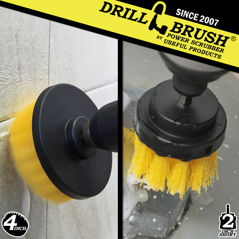 Action shots of a Medium Yellow 2 inch Short Drillbrush cleaning an overflow plate and a Medium Yellow 4 inch Drillbrush cleaning tile grout.