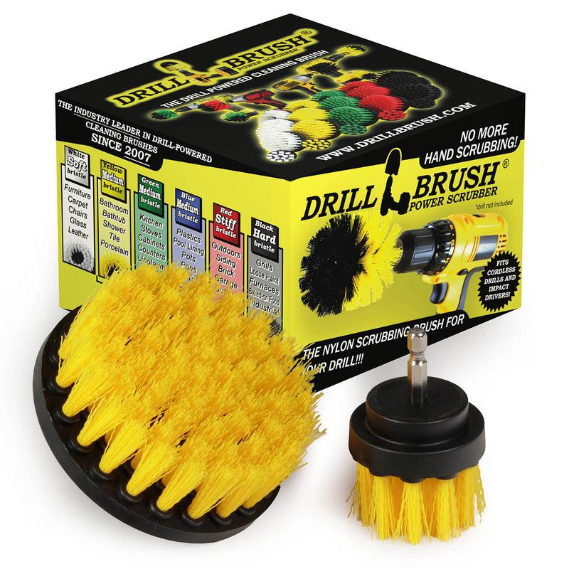 Drillbrush Medium Yellow 4 inch and 2 inch Short brushes in front of their packaging.