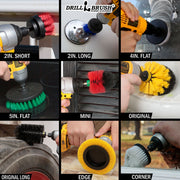 A Stiff Red 2 inch Short brush cleaning a deck railing, a Medium Blue 2 inch Long brush scrubbing a boat's gas cap, a Soft White 4 inch brush leaning a window, a Medium Green 5 inch brush scrubbing a stovetop, a Stiff Red Mini Original brush cleaning shutters, a Medium Yellow Original brush cleaning shower shelving, an Ultra Stiff Black Jumbo Original cleaning tractor tires, a Medium Yellow Edge brush cleaning tile grout, and a Soft White Cone-shaped brush cleaning a window sill.