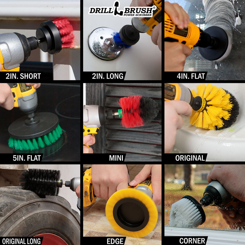 A Stiff Red 2 inch Short brush cleaning a deck railing, a Medium Blue 2 inch Long brush scrubbing a boat's gas cap, a Soft White 4 inch brush leaning a window, a Medium Green 5 inch brush scrubbing a stovetop, a Stiff Red Mini Original brush cleaning shutters, a Medium Yellow Original brush cleaning shower shelving, an Ultra Stiff Black Jumbo Original cleaning tractor tires, a Medium Yellow Edge brush cleaning tile grout, and a Soft White Cone-shaped brush cleaning a window sill.