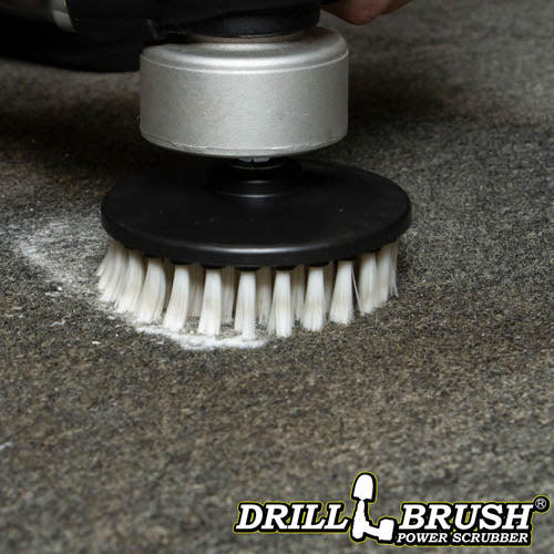 Drillbrush 5 inch Threaded Soft White Home & Auto Brush cleaning a carpet.