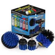 The Drillbrush 42OS-2L Medium Blue Marine & Pool Brush Kit in front of the box it comes in.